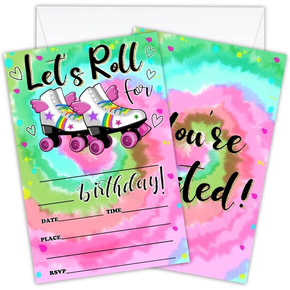 Let's Roll Birthday Invitations with Envelopes, Tie Dye Roller Skate (4209) - Picture 1 of 5
